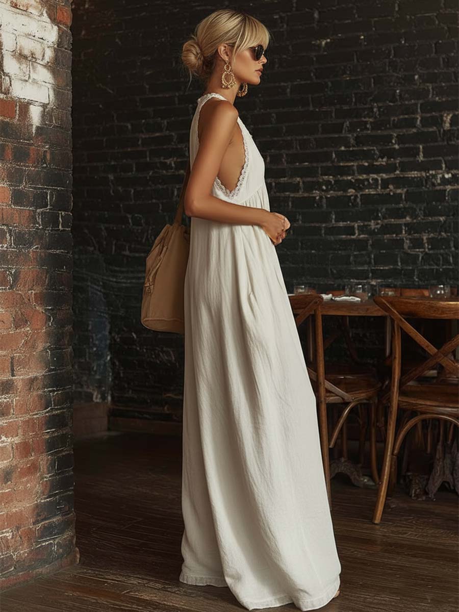 Mono sin Mangas Boho Urbano Retro con Escote en V y Ribete de Encaje en Algodón Blanco Roto