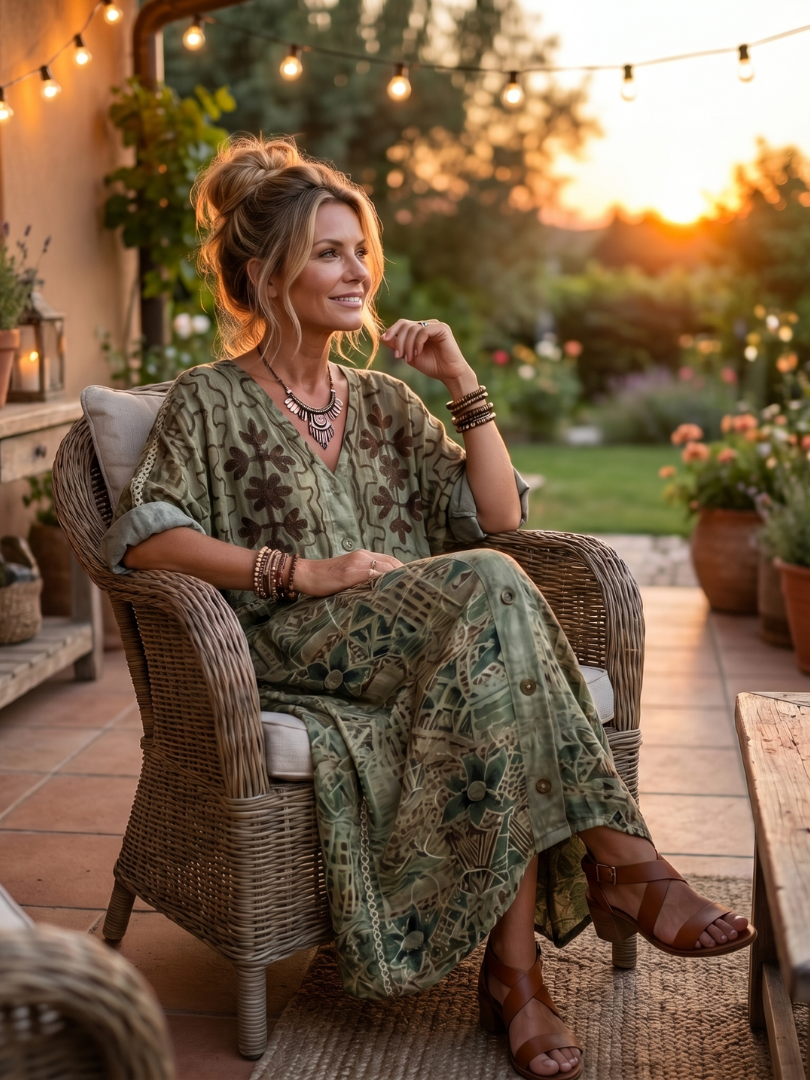 Aleta | Vestido oversize con bolsillos bordados y botonadura delantera