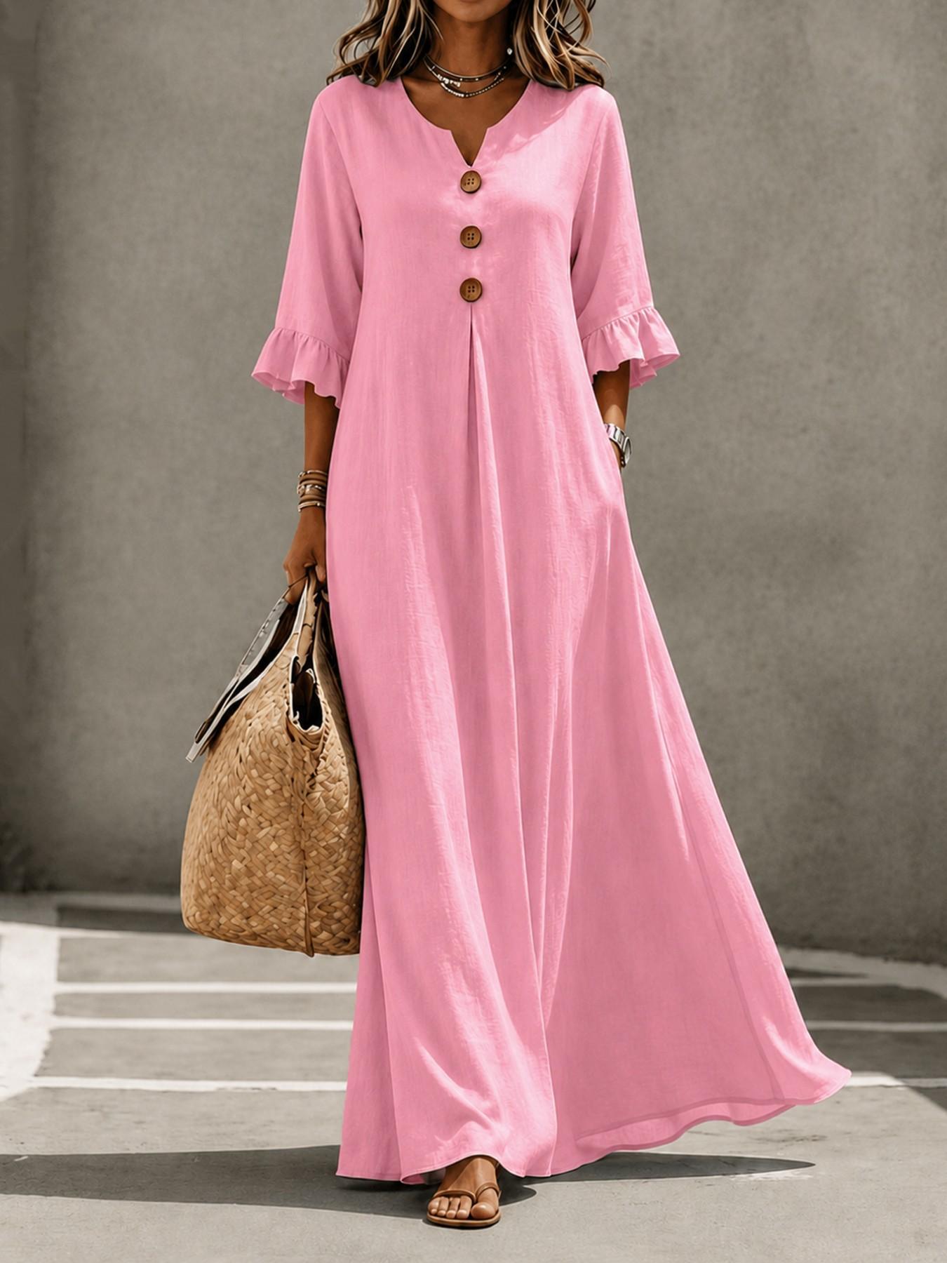 Vestido Maxi de Lino con Escote en V y Mangas con Volantes