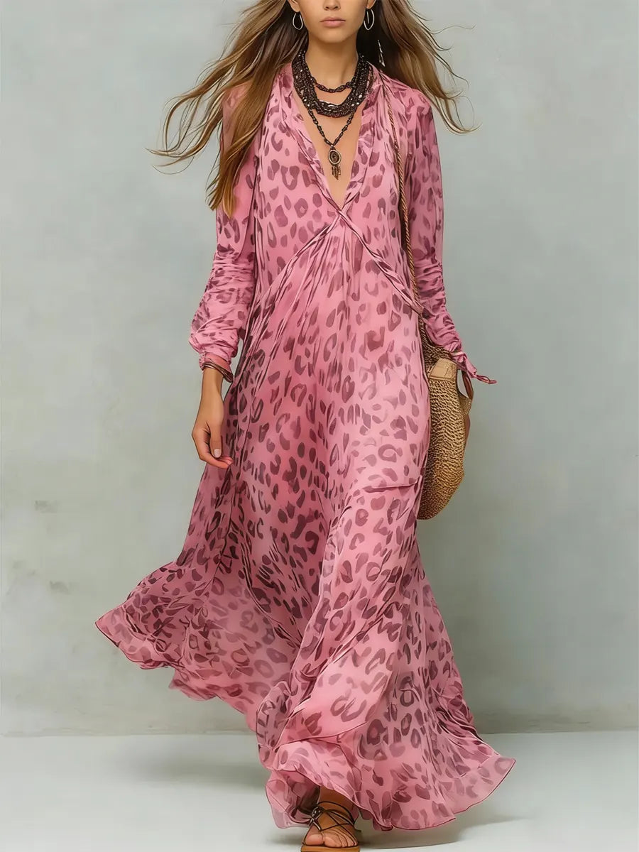 Vestido Maxi Casual Estampado Leopardo Retro para Mujer