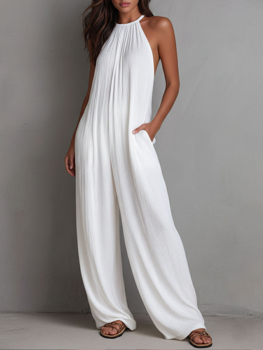 Mono de Una Pieza Estilo Resort con Halter Plisado y Pierna Ancha