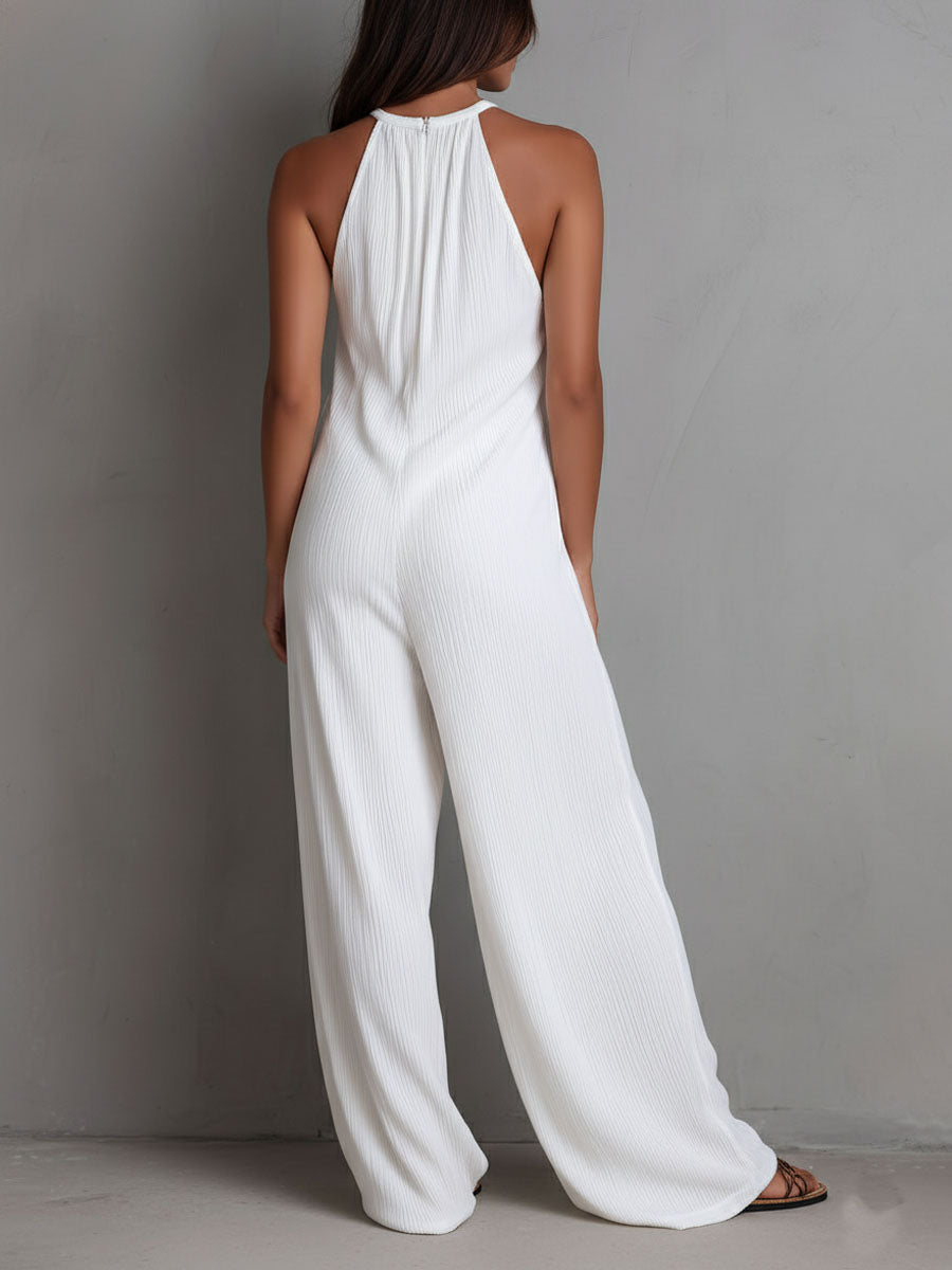 Mono de Una Pieza Estilo Resort con Halter Plisado y Pierna Ancha