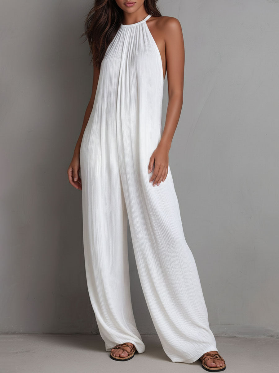 Mono de Una Pieza Estilo Resort con Halter Plisado y Pierna Ancha