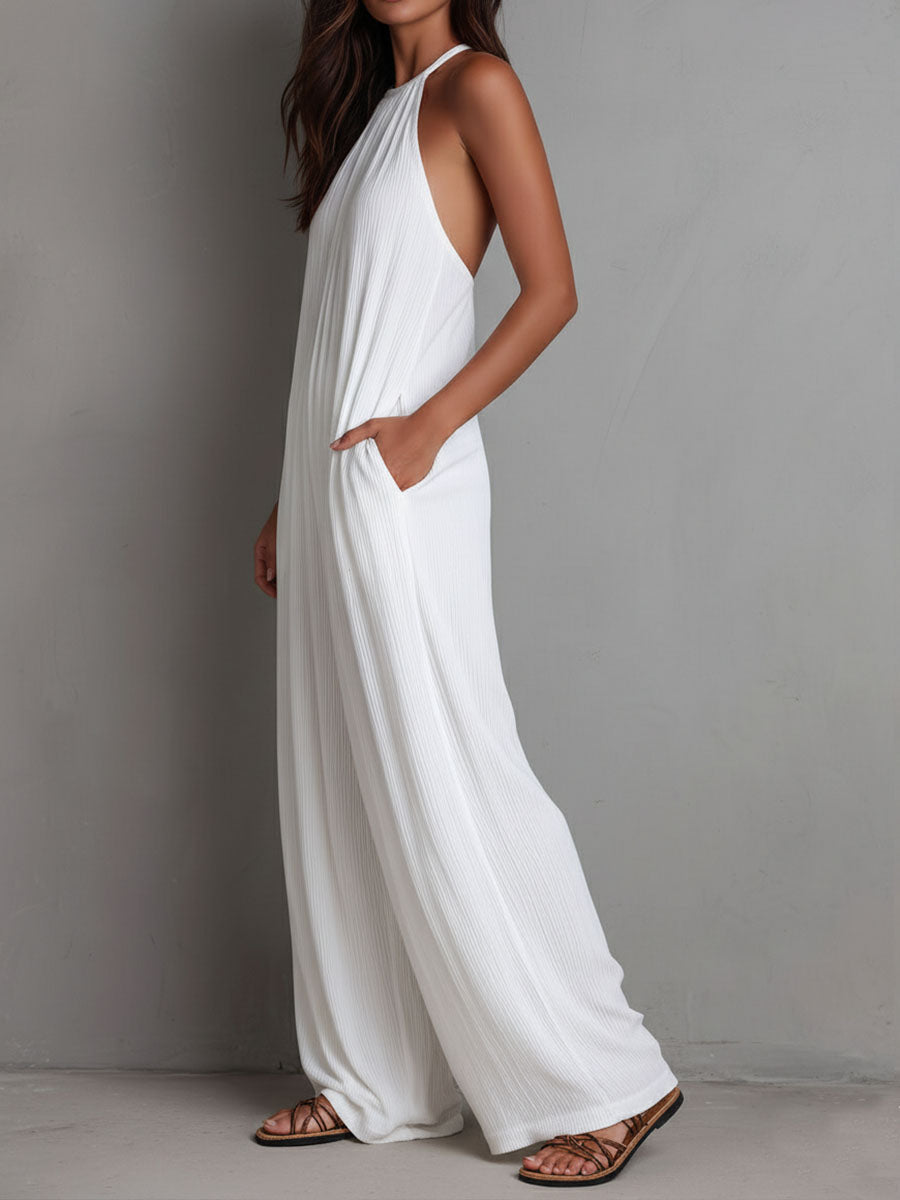 Mono de Una Pieza Estilo Resort con Halter Plisado y Pierna Ancha