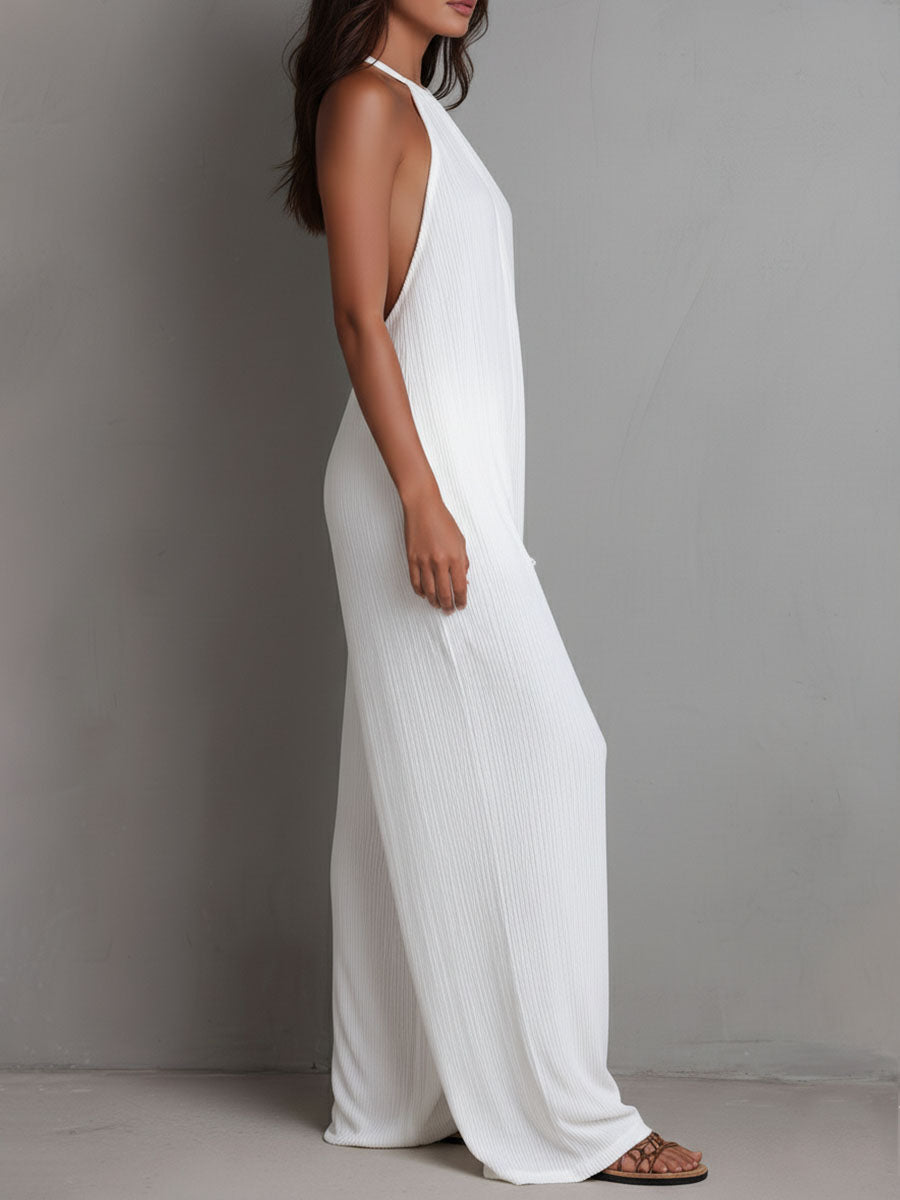 Mono de Una Pieza Estilo Resort con Halter Plisado y Pierna Ancha
