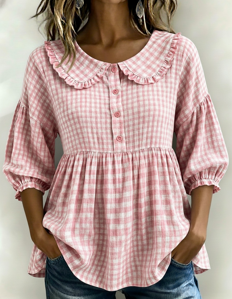Nuevos Ingresos🔥Blusa Peplum de Manga Abullonada con Estampado Gingham para Mujer