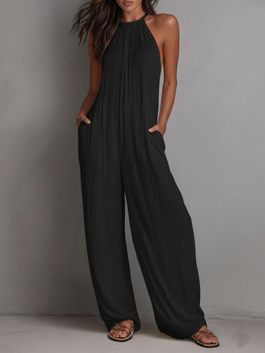 Mono de Una Pieza Estilo Resort con Halter Plisado y Pierna Ancha