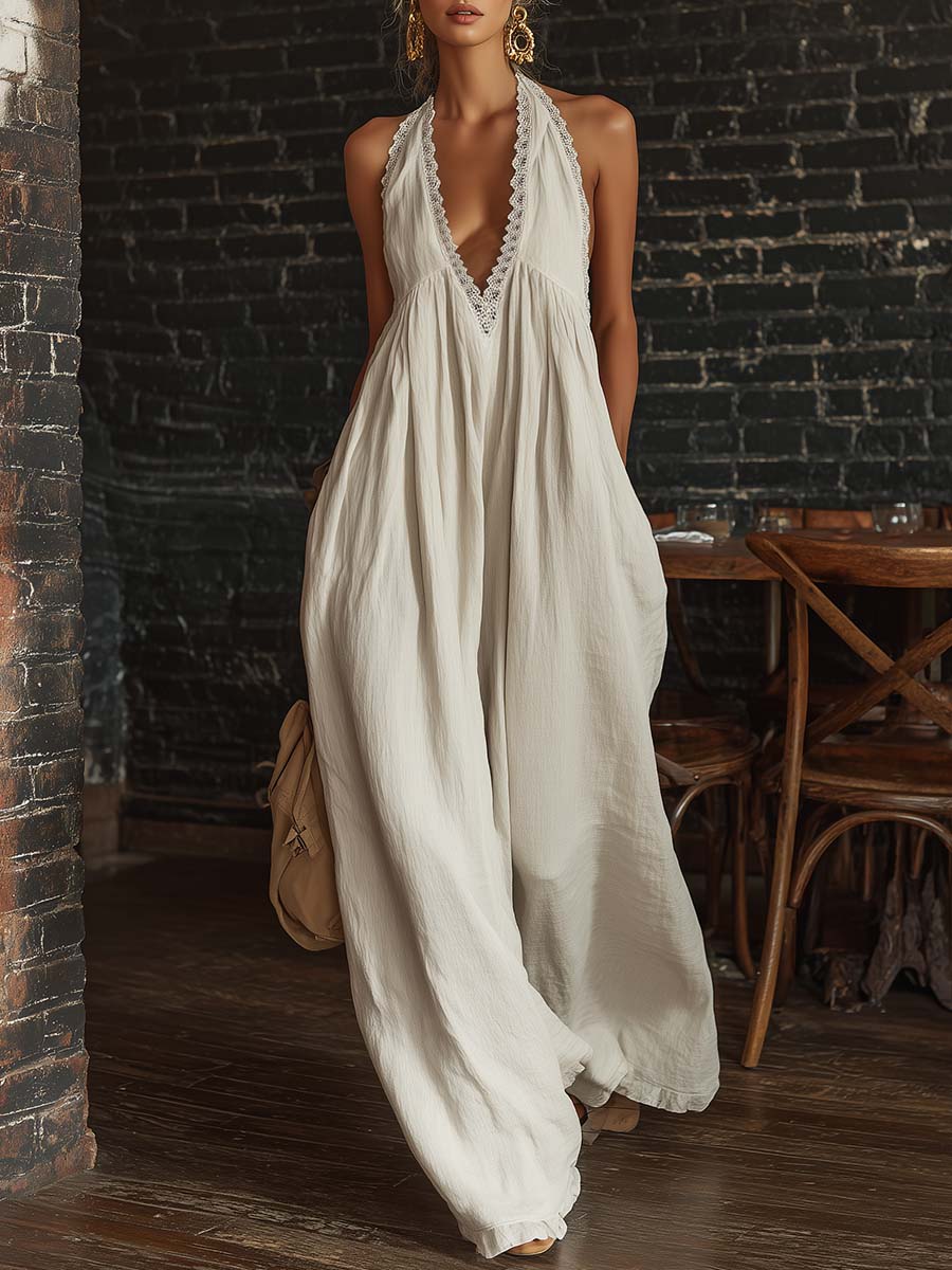 Mono sin Mangas Boho Urbano Retro con Escote en V y Ribete de Encaje en Algodón Blanco Roto