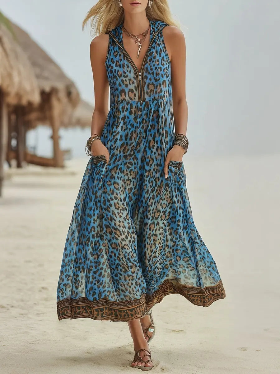 Vestido Midi con Capucha Estampado Leopardo Retro Casual para Mujer
