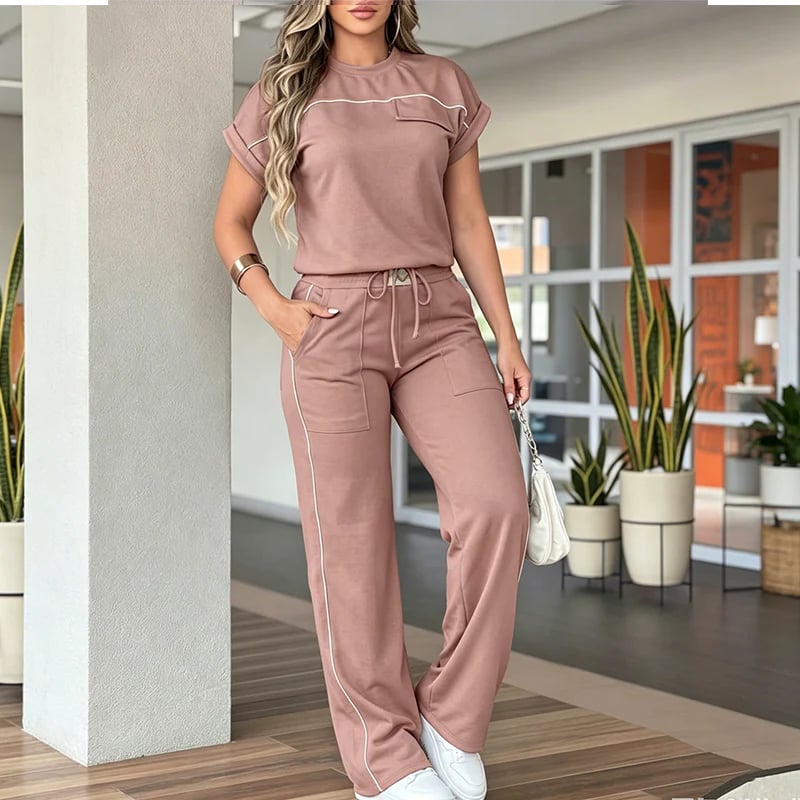 Conjunto Casual de Camiseta de Manga Corta y Pantalón Ancho para Mujer