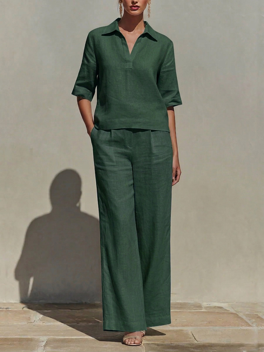 Novedades🔥 Conjunto de Dos Piezas en Lino de Algodón Color Sólido para Mujer