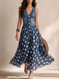 Vestido Vaquero Sin Mangas Casual y Elegante con Panel de Chifón de Lunares
