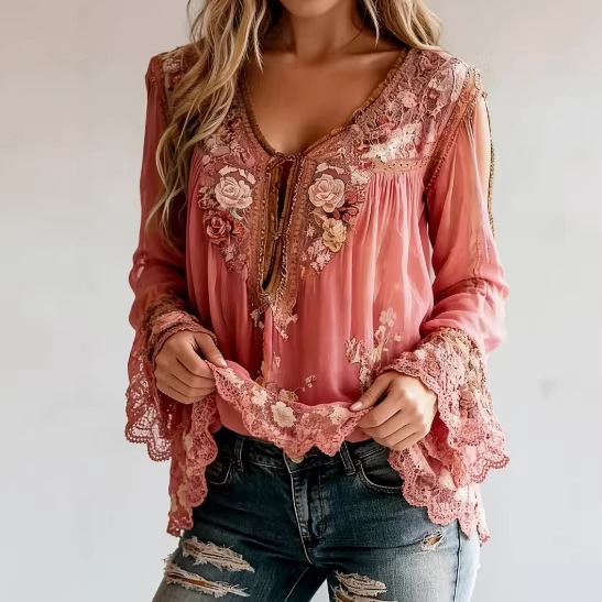 Blusa de Manga Larga Semitransparente con Estampado Floral y Escote en V