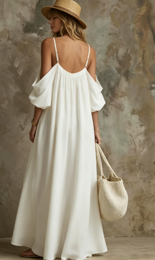Vestido Caftán Maxi Largo con Hombros Descubiertos, Mangas Abullonadas y Bolsillos