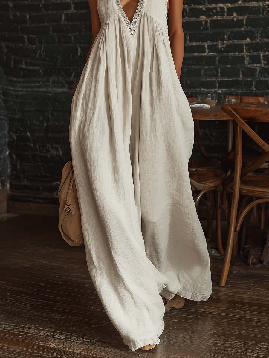 Mono sin Mangas Boho Urbano Retro con Escote en V y Ribete de Encaje en Algodón Blanco Roto