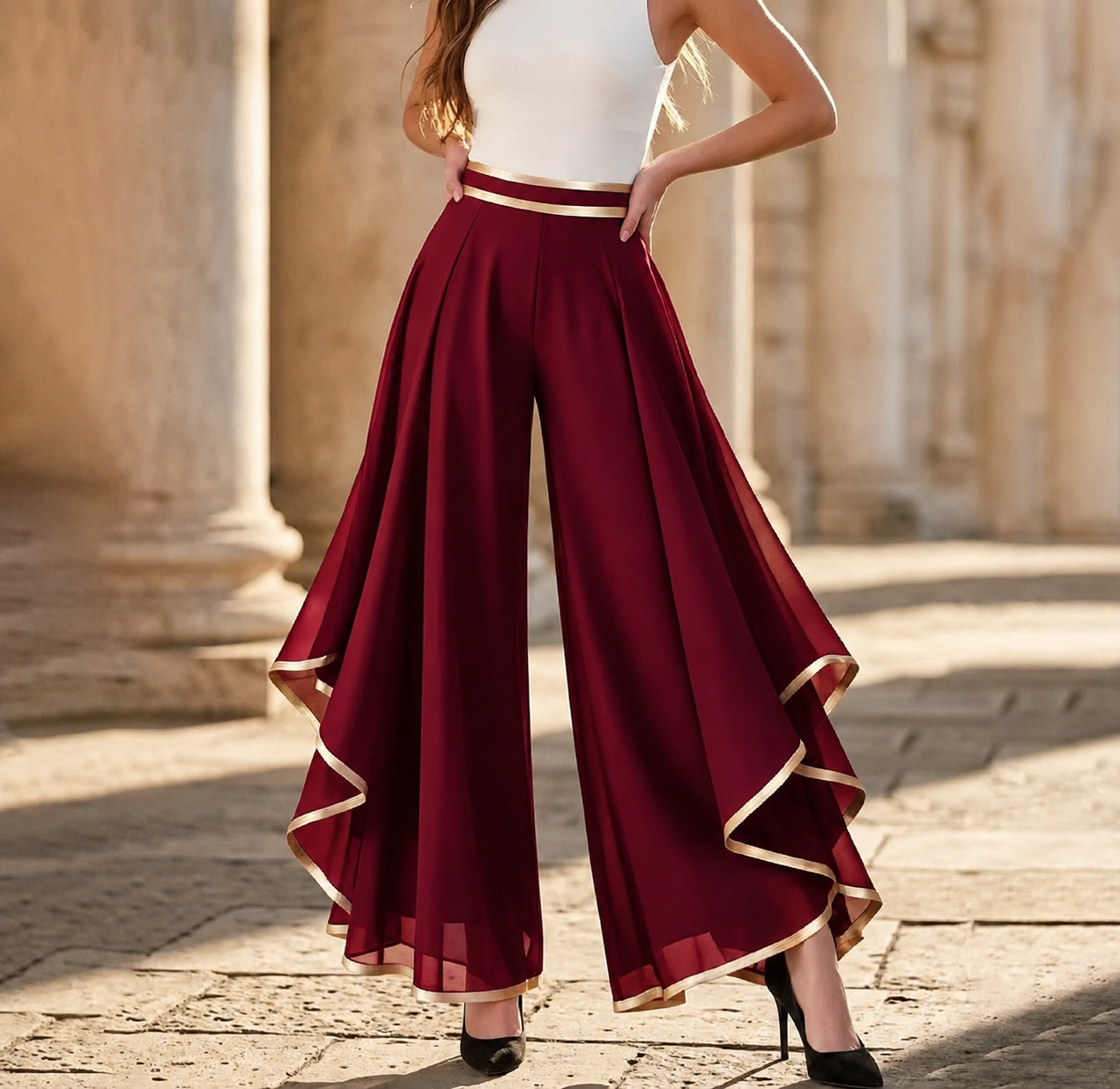 ⏳Oferta limitada ⏰ Pantalones de pierna ancha para mujer – Suaves, con ribetes dorados, elegantes y versátiles