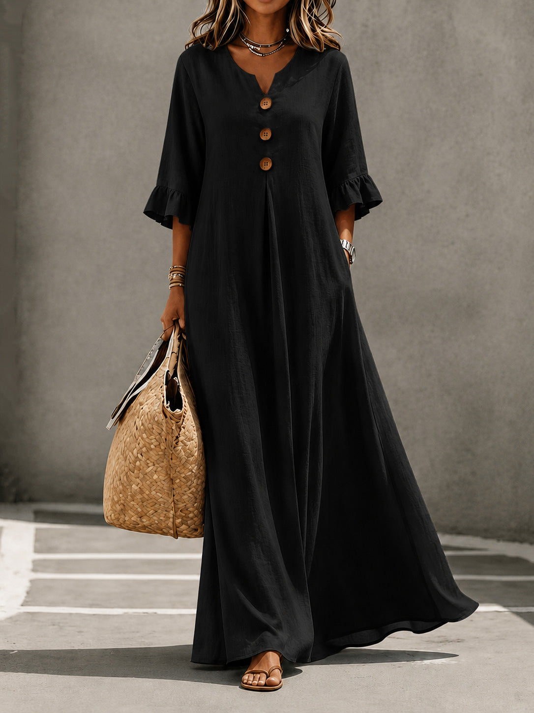 Vestido Maxi de Lino con Escote en V y Mangas con Volantes