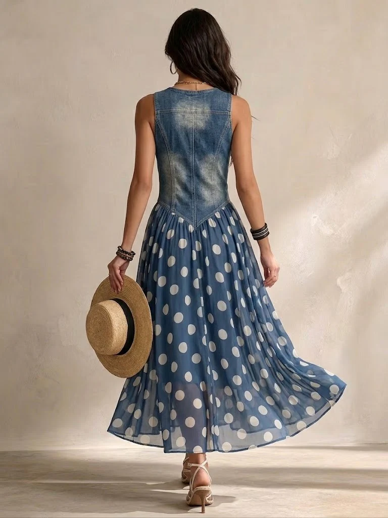 Vestido Vaquero Sin Mangas Casual y Elegante con Panel de Chifón de Lunares