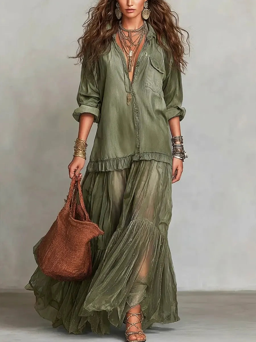 Vestido Maxi Casual con Solapa Retro, Parche de Denim y Organza