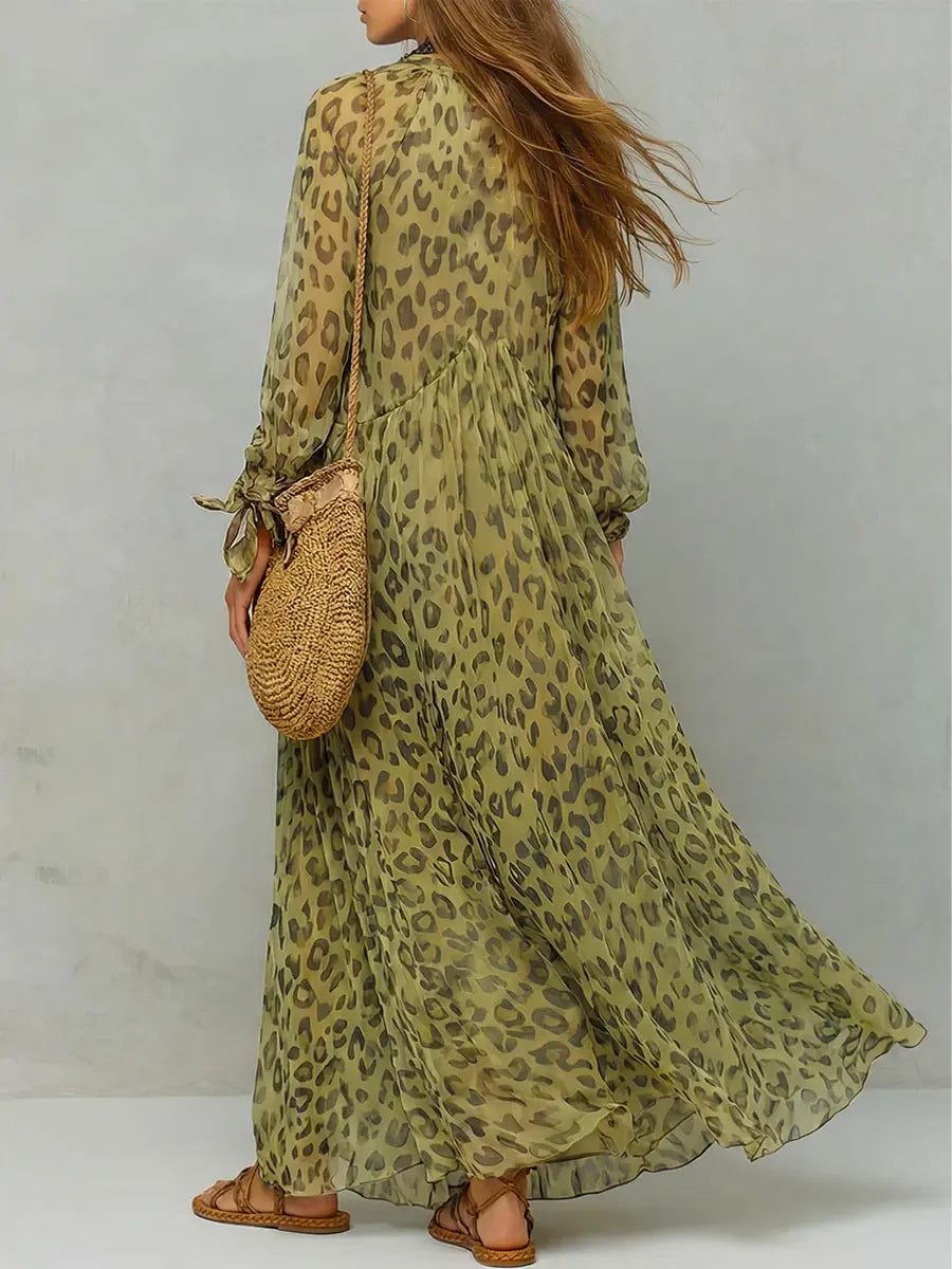 Vestido Maxi Casual Estampado Leopardo Retro para Mujer