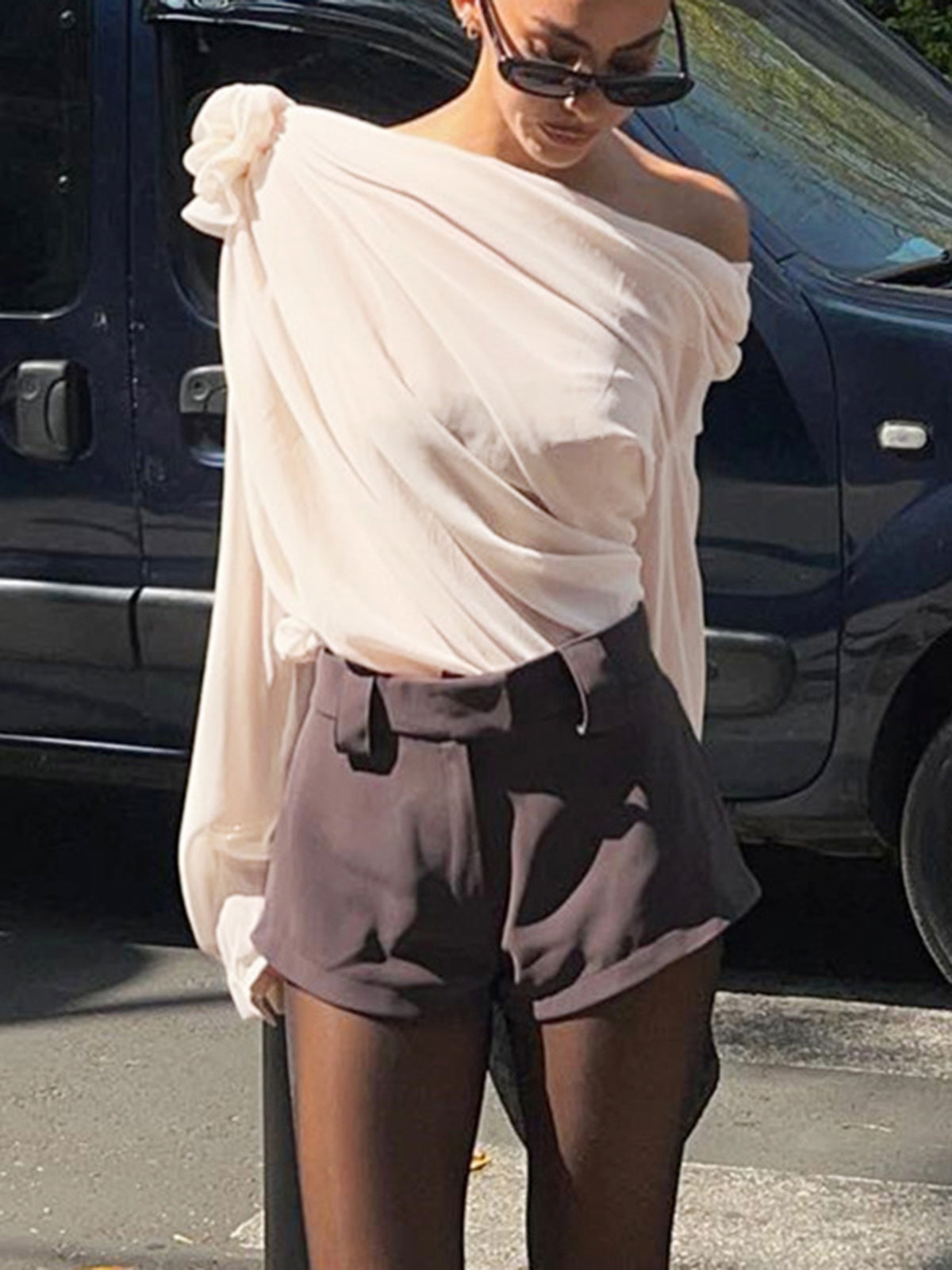Blusa Asimétrica de Un Hombro en Gasa Semitransparente