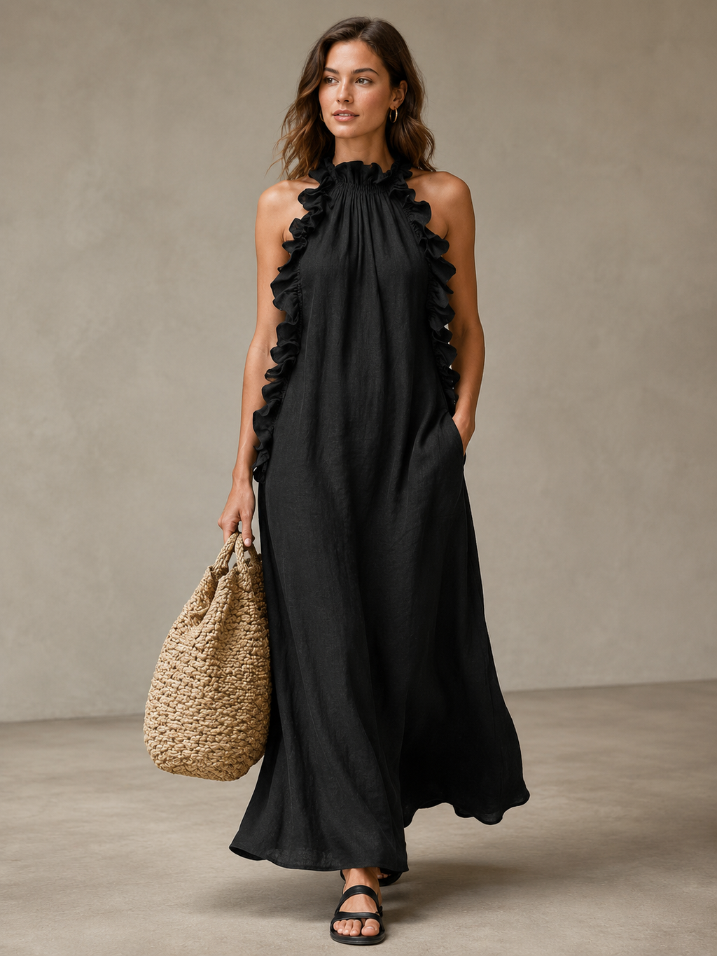 🌷🌷Vestido Maxi con Escote Halter y Volantes para Vacaciones y Días de Verano