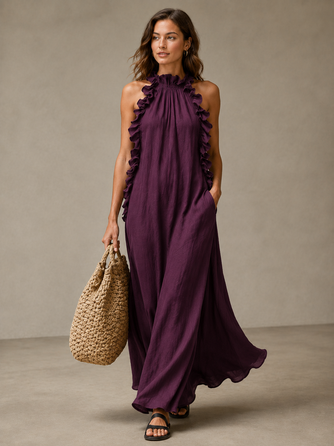 🌷🌷Vestido Maxi con Escote Halter y Volantes para Vacaciones y Días de Verano