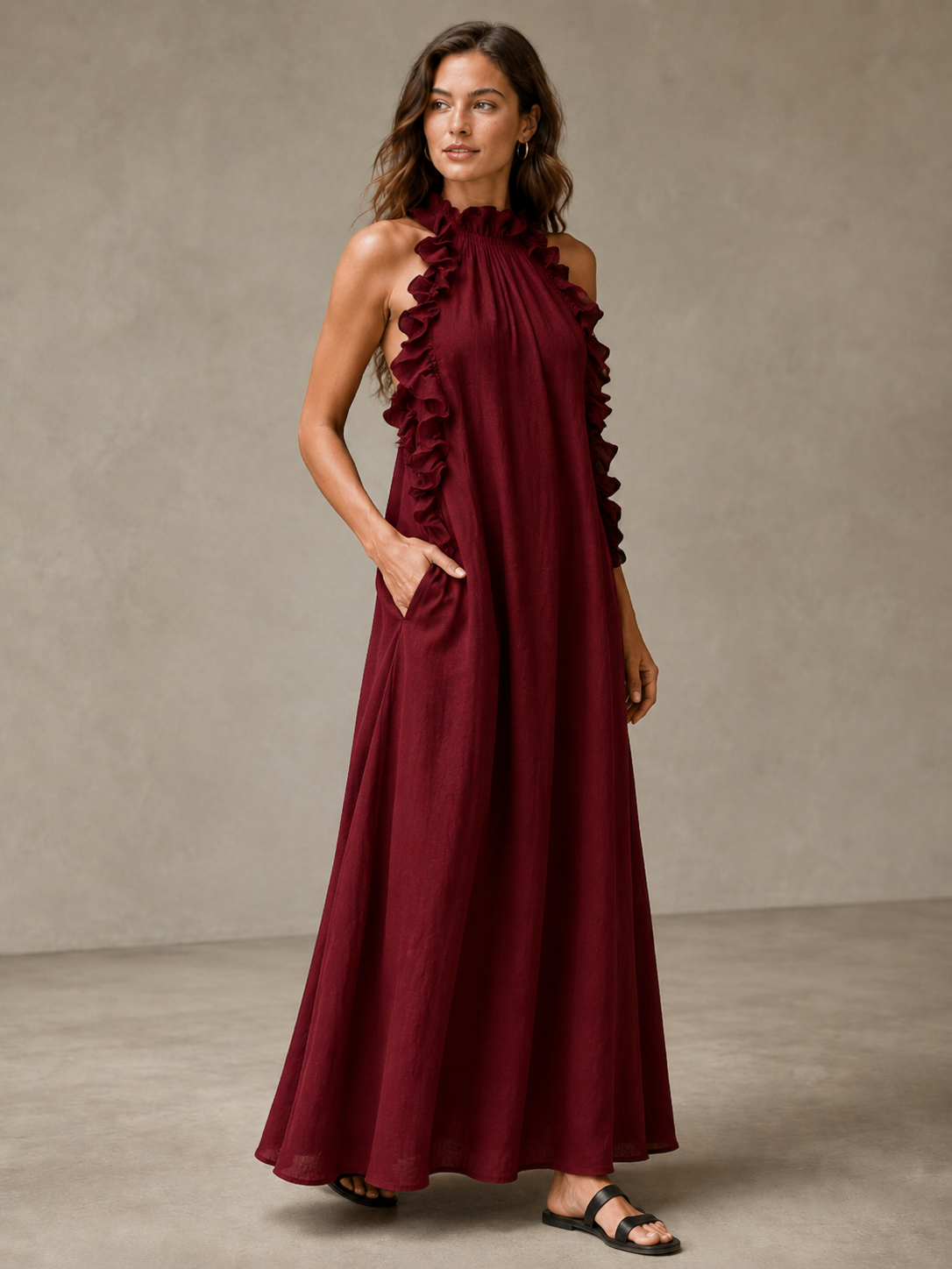 🌷🌷Vestido Maxi con Escote Halter y Volantes para Vacaciones y Días de Verano