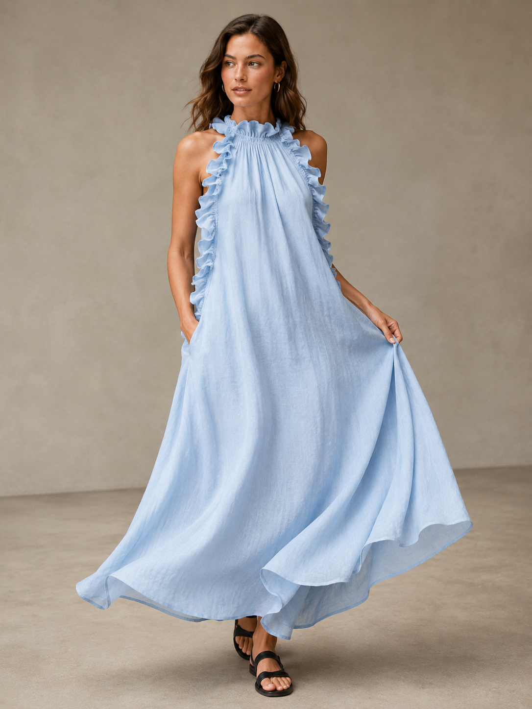 🌷🌷Vestido Maxi con Escote Halter y Volantes para Vacaciones y Días de Verano
