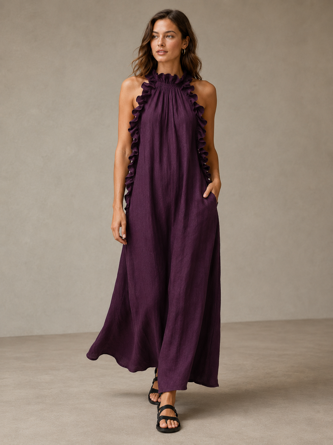 🌷🌷Vestido Maxi con Escote Halter y Volantes para Vacaciones y Días de Verano