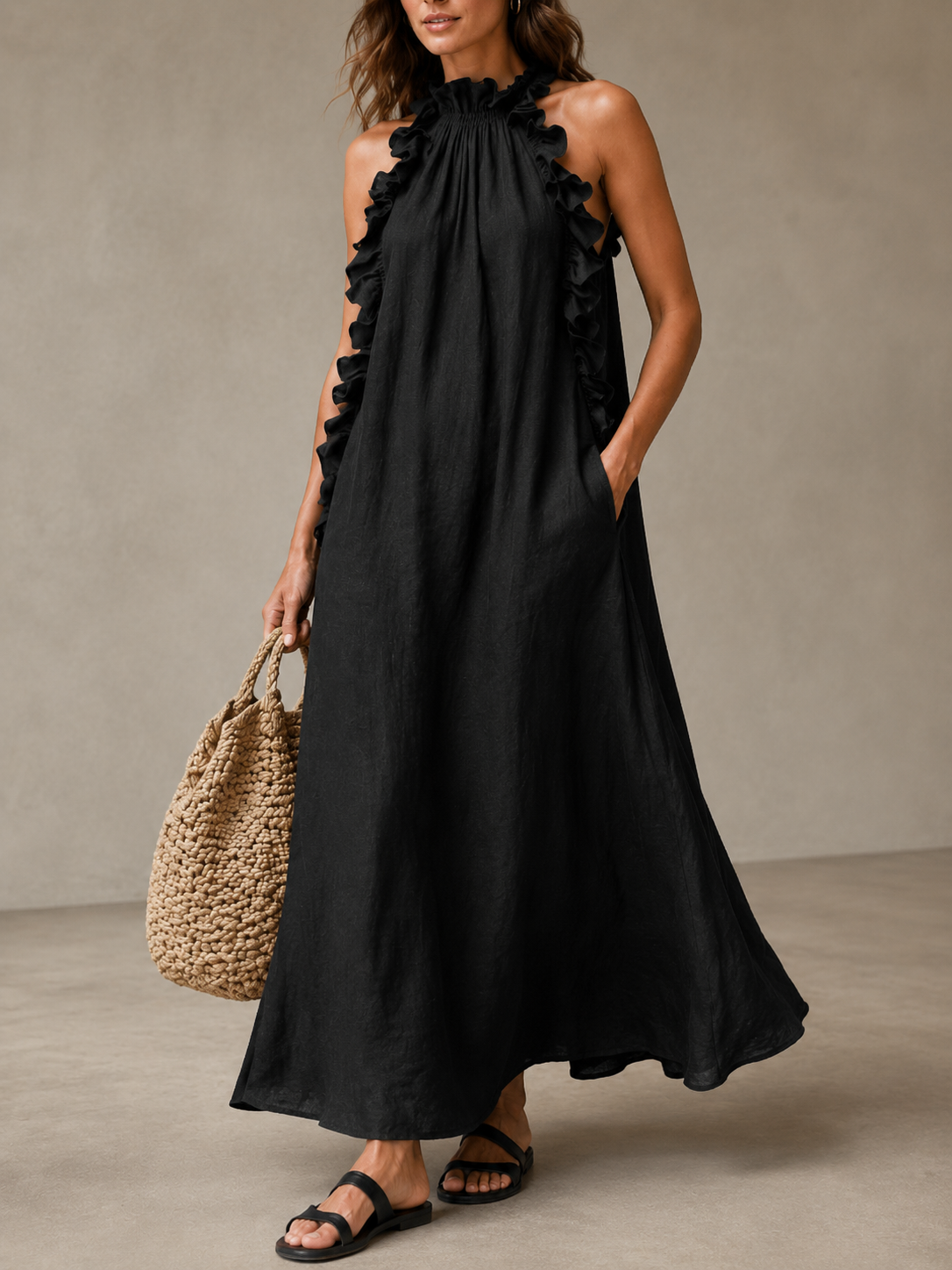 🌷🌷Vestido Maxi con Escote Halter y Volantes para Vacaciones y Días de Verano