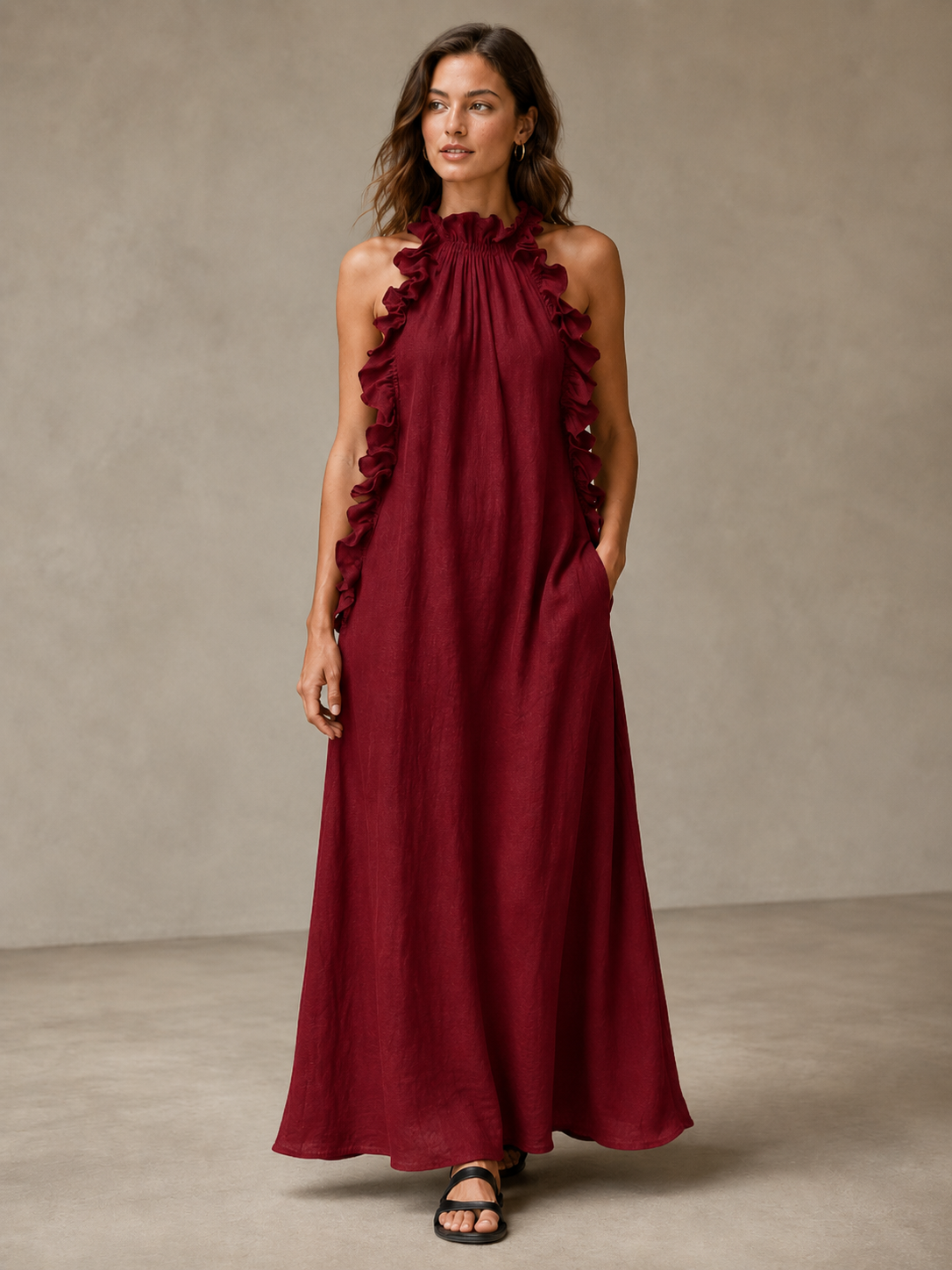 🌷🌷Vestido Maxi con Escote Halter y Volantes para Vacaciones y Días de Verano