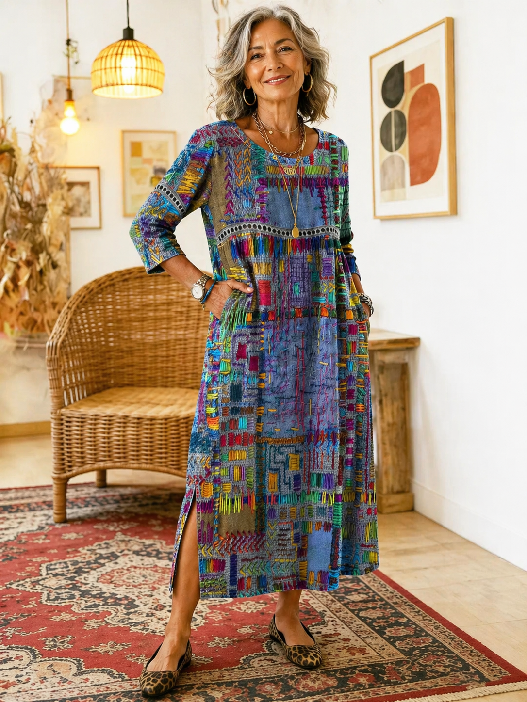 PROJECT MODA| Vestido Denim con Patchwork Étnico