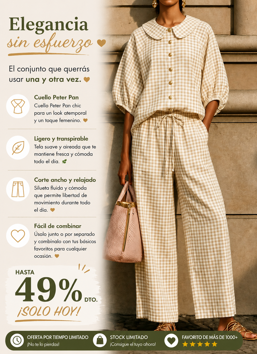 Hoy 49% de descuento🔥 Conjunto de Dos Piezas para Mujer en Lino de Algodón con Cuello Peter Pan y Estampado Vichy