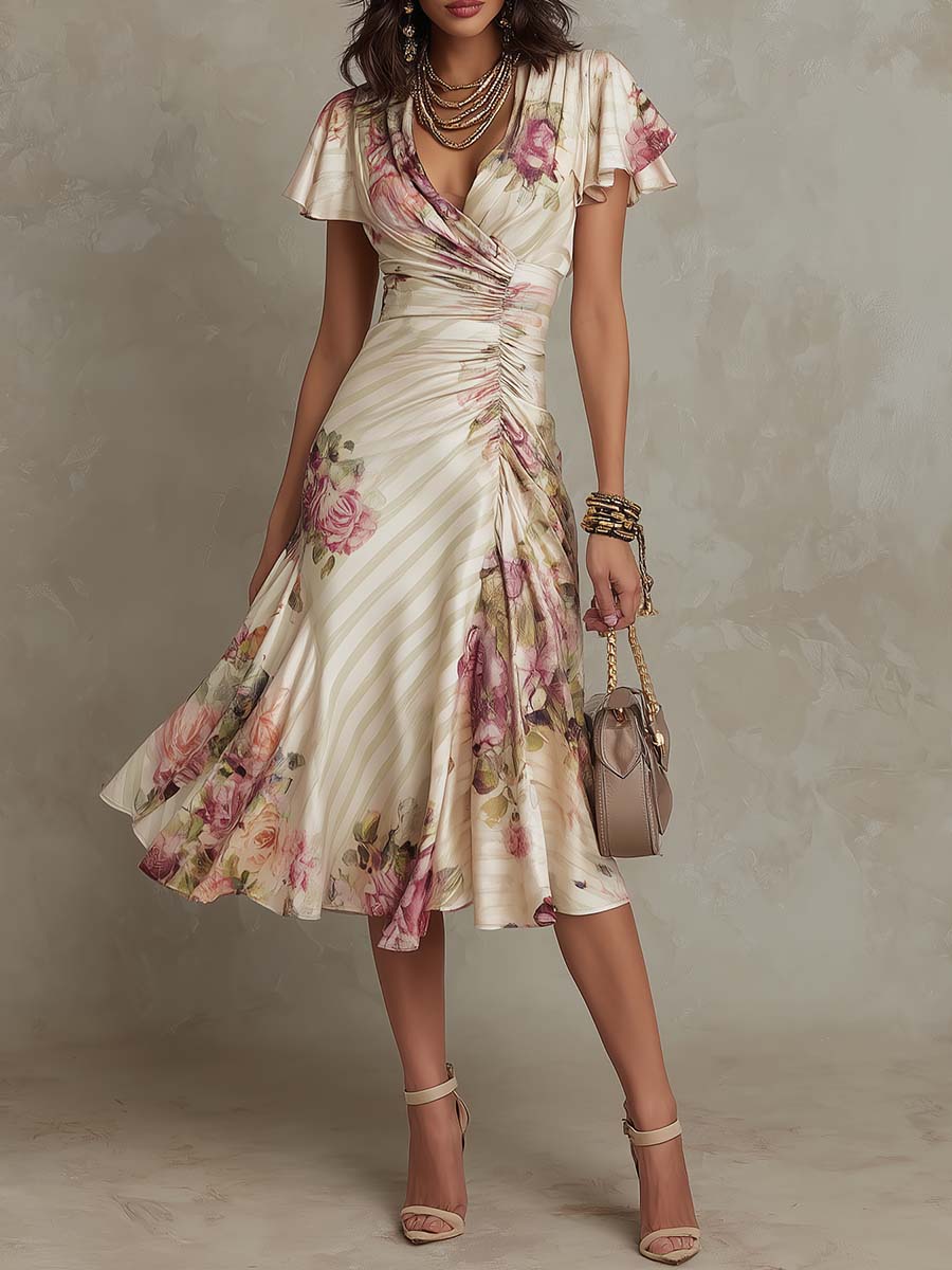 PROJECT MODA - Vestido midi de satén con estampado floral, elegante y de estilo retro