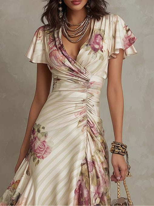 PROJECT MODA - Vestido midi de satén con estampado floral, elegante y de estilo retro