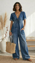 PROJECT MODA™ | Lola Mono Azul Escote en V Pernera Ancha
