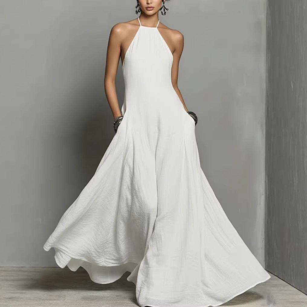 Vestido Largo sin Mangas de Mezcla de Algodón y Lino con Espalda Descubierta