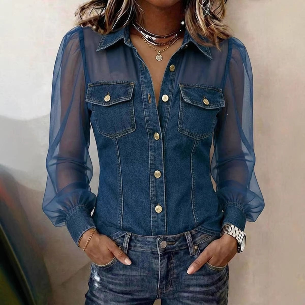 🍃 Blusa Casual de Manga Larga con Parche de Denim 🍂