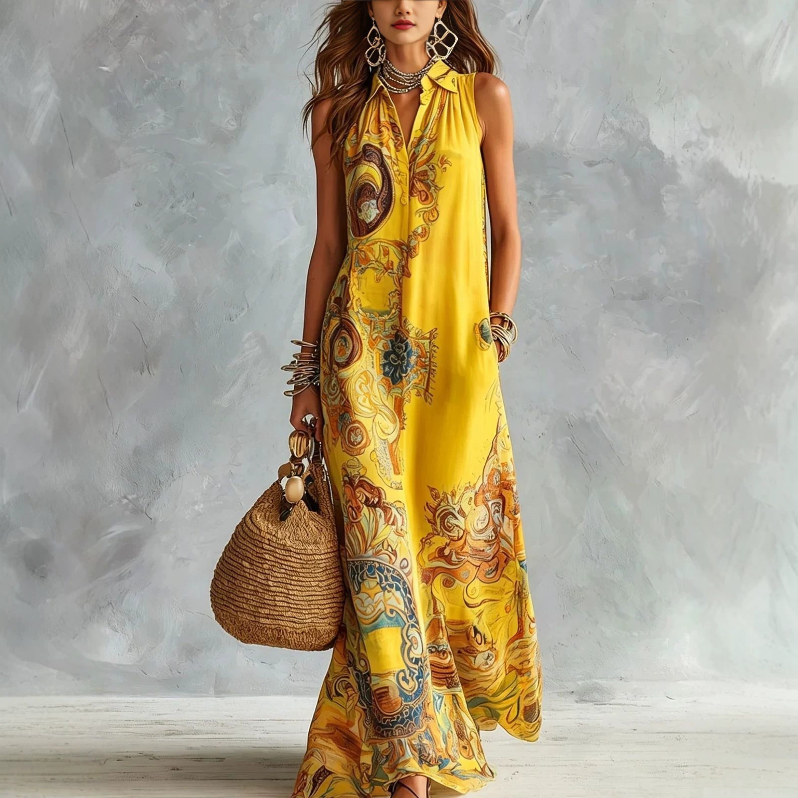 Vestido Maxi Camisero sin Mangas con Estampado Barroco Vintage
