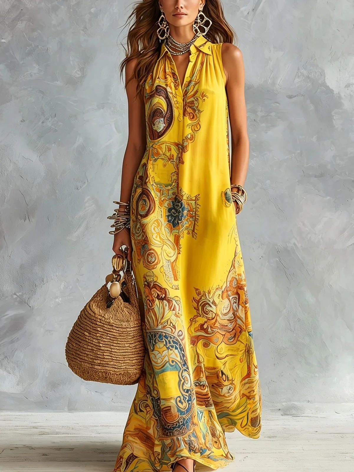 Vestido Maxi Camisero sin Mangas con Estampado Barroco Vintage