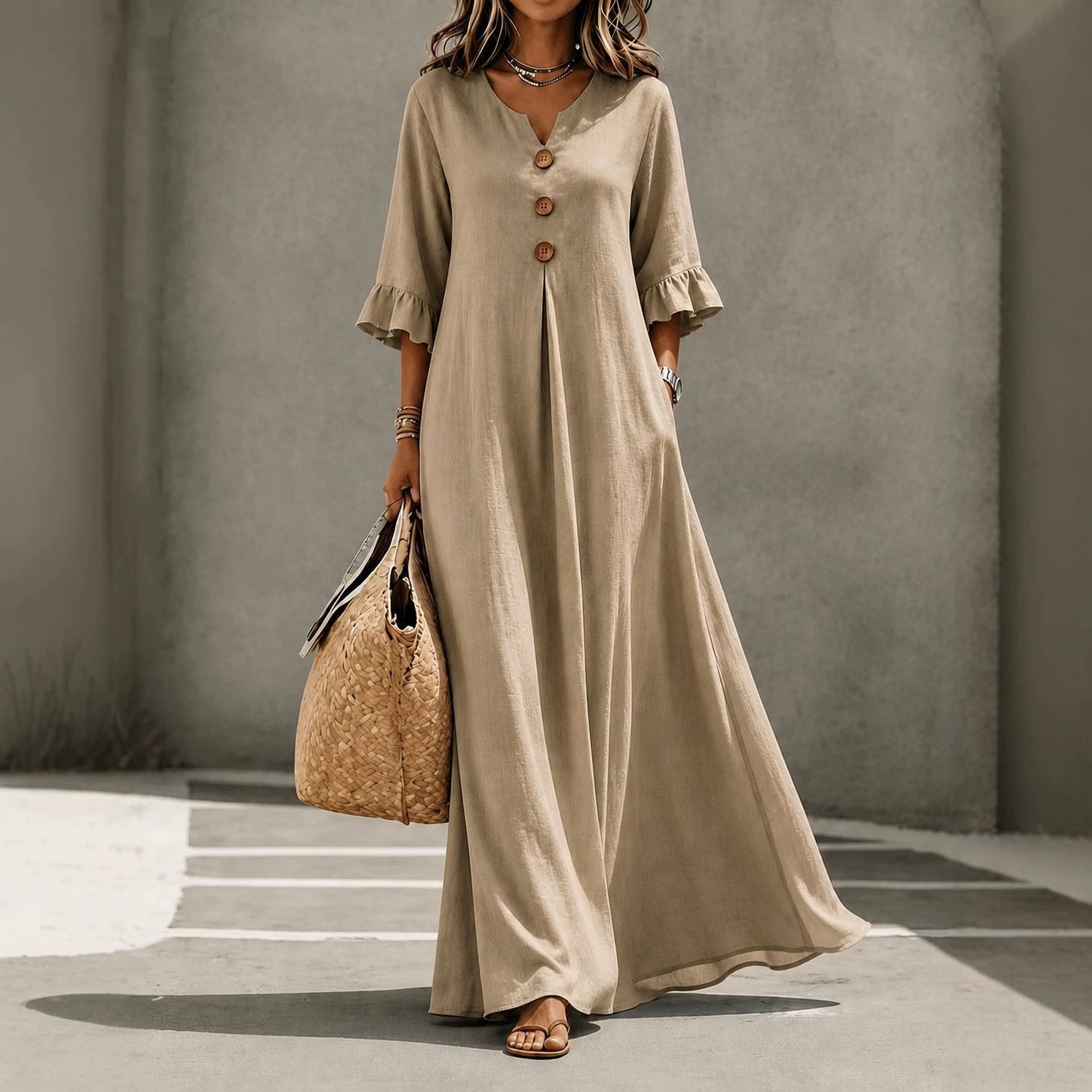 Vestido Maxi de Lino con Escote en V y Mangas con Volantes