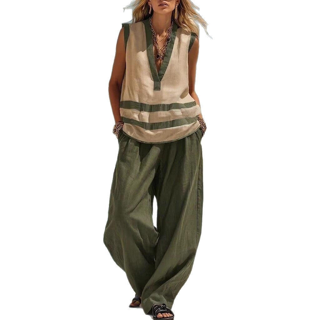 Conjunto de Dos Piezas Casual Holgado con Chaleco sin Mangas y Pantalón Ancho para Mujer