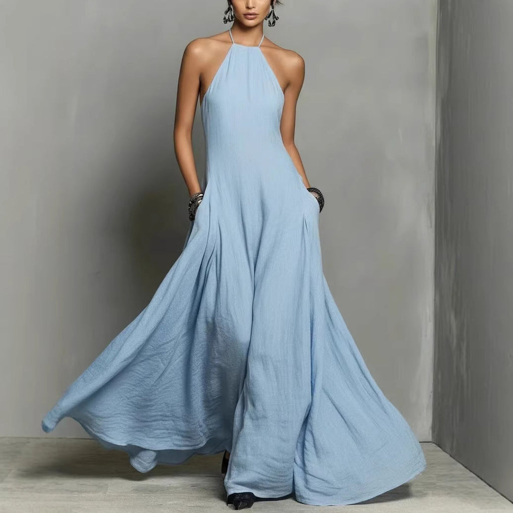 Vestido Largo sin Mangas de Mezcla de Algodón y Lino con Espalda Descubierta