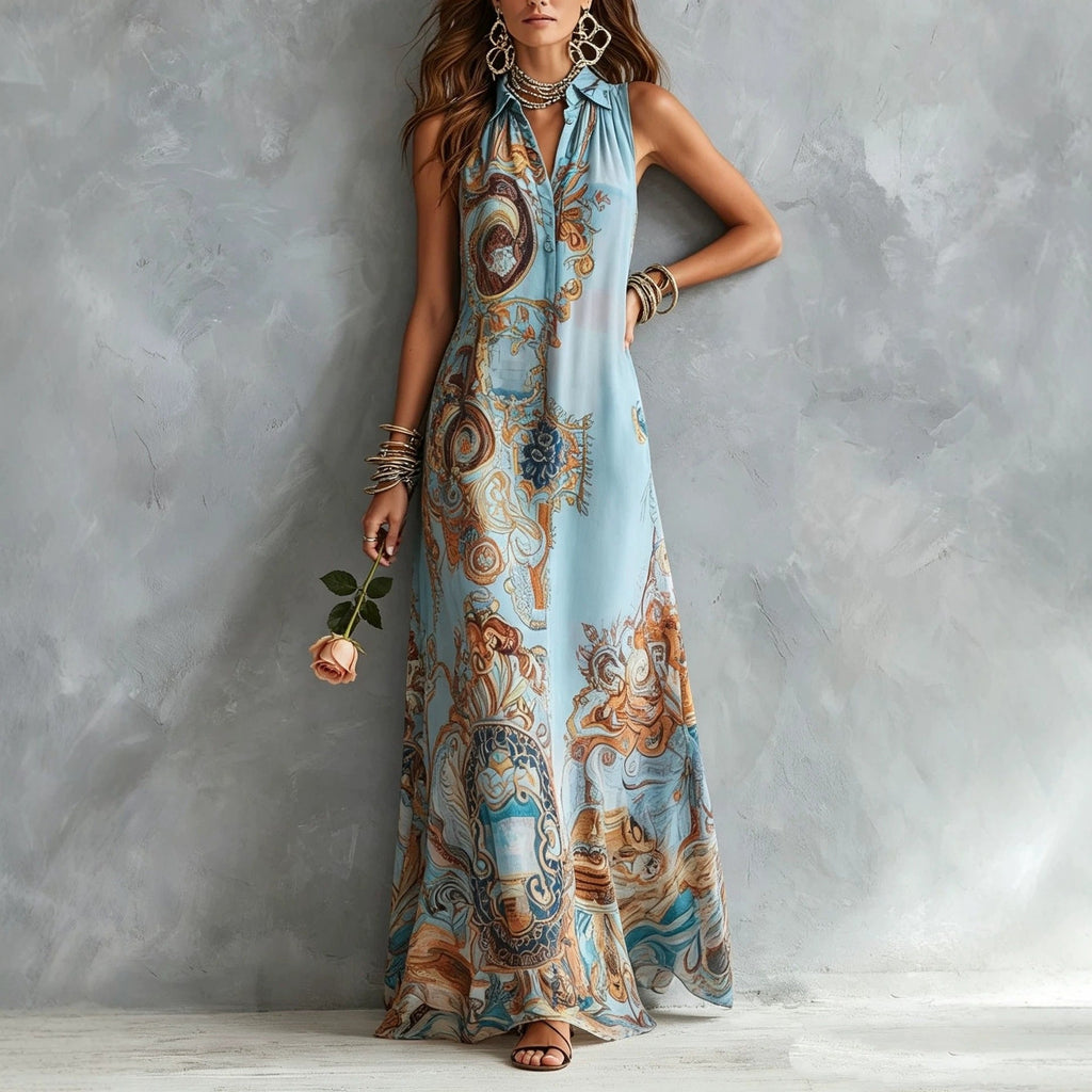 Vestido Maxi Camisero sin Mangas con Estampado Barroco Vintage