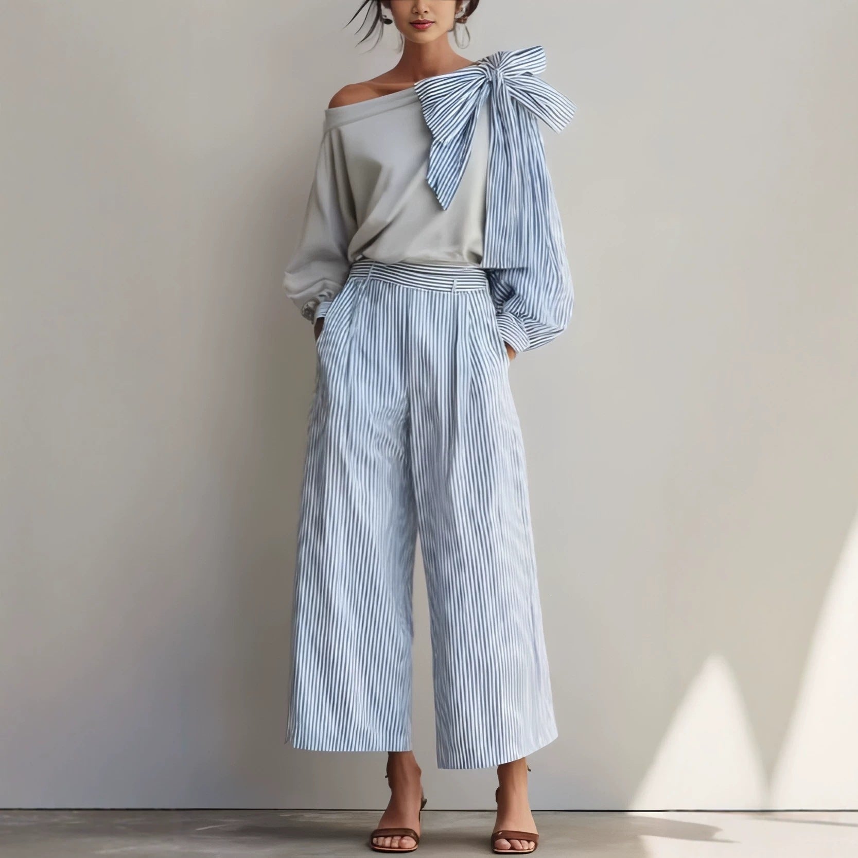 Conjunto Elegante Casual de Pantalón Recto a Rayas para Mujer