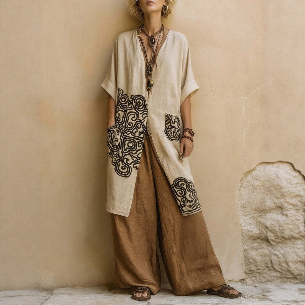 Conjunto Casual de Tres Piezas de Algodón y Lino para Vacaciones Primavera/Verano para Mujer