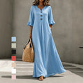 Vestido Maxi de Lino con Escote en V y Mangas con Volantes