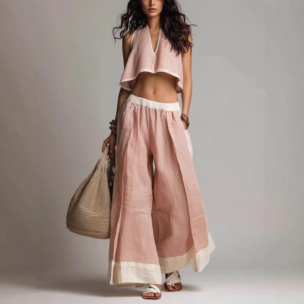 Conjunto de Dos Piezas sin Mangas con Escote en V – Outfit Casual en Color Liso