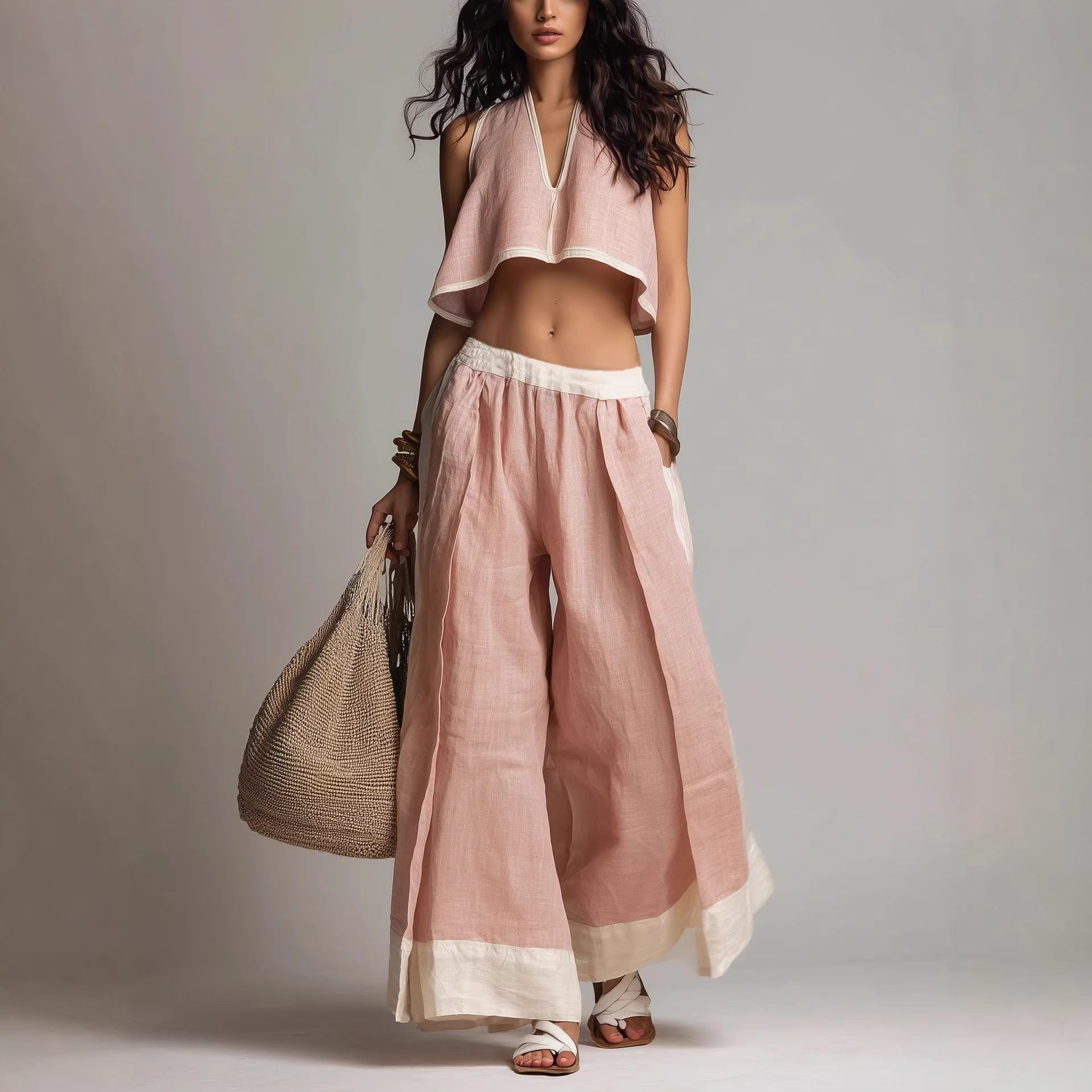 Conjunto de Dos Piezas sin Mangas con Escote en V – Outfit Casual en Color Liso